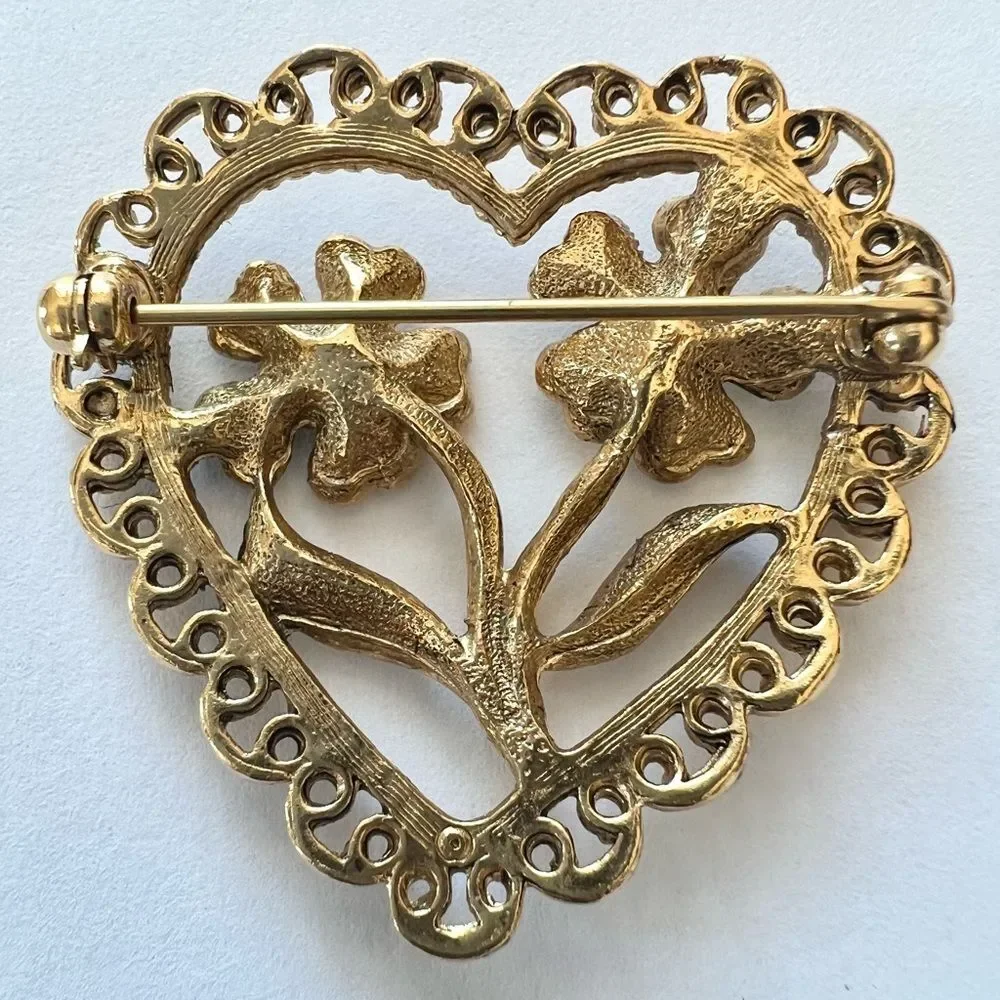 Vintage Gold Tone Heart Flower Faux Pearl Brooch